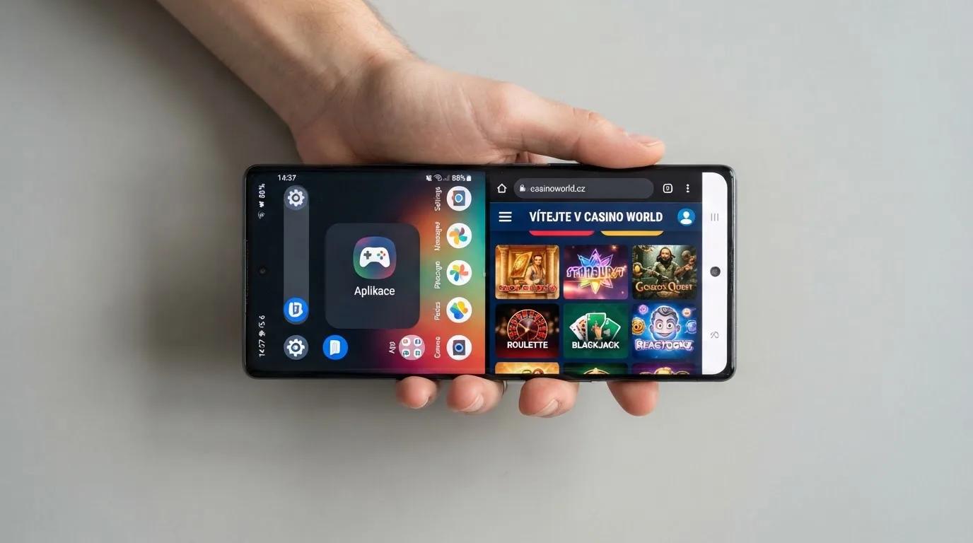 Dlaň držící mobilní telefon — na displeji vedle sebe ikona nativní aplikace a otevřený casino web v prohlížeči, obě prostředí aktivní