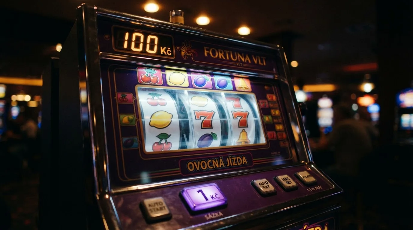 Výherní automat s barevnými válci na obrazovce, v rohu displeje ukazatel zůstatku 100 Kč, pod ním tlačítko sázky 1 Kč.