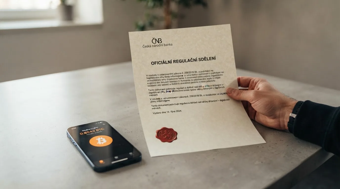 Úřední dokument s razítkem MF ČR vedle obrazovky s bitcoinovou peněženkou