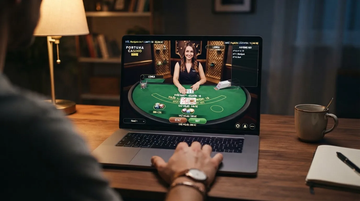 Rozhraní live blackjacku v českém online kasinu — sázecí pole, karty na stole, informační panel s limity a historií
