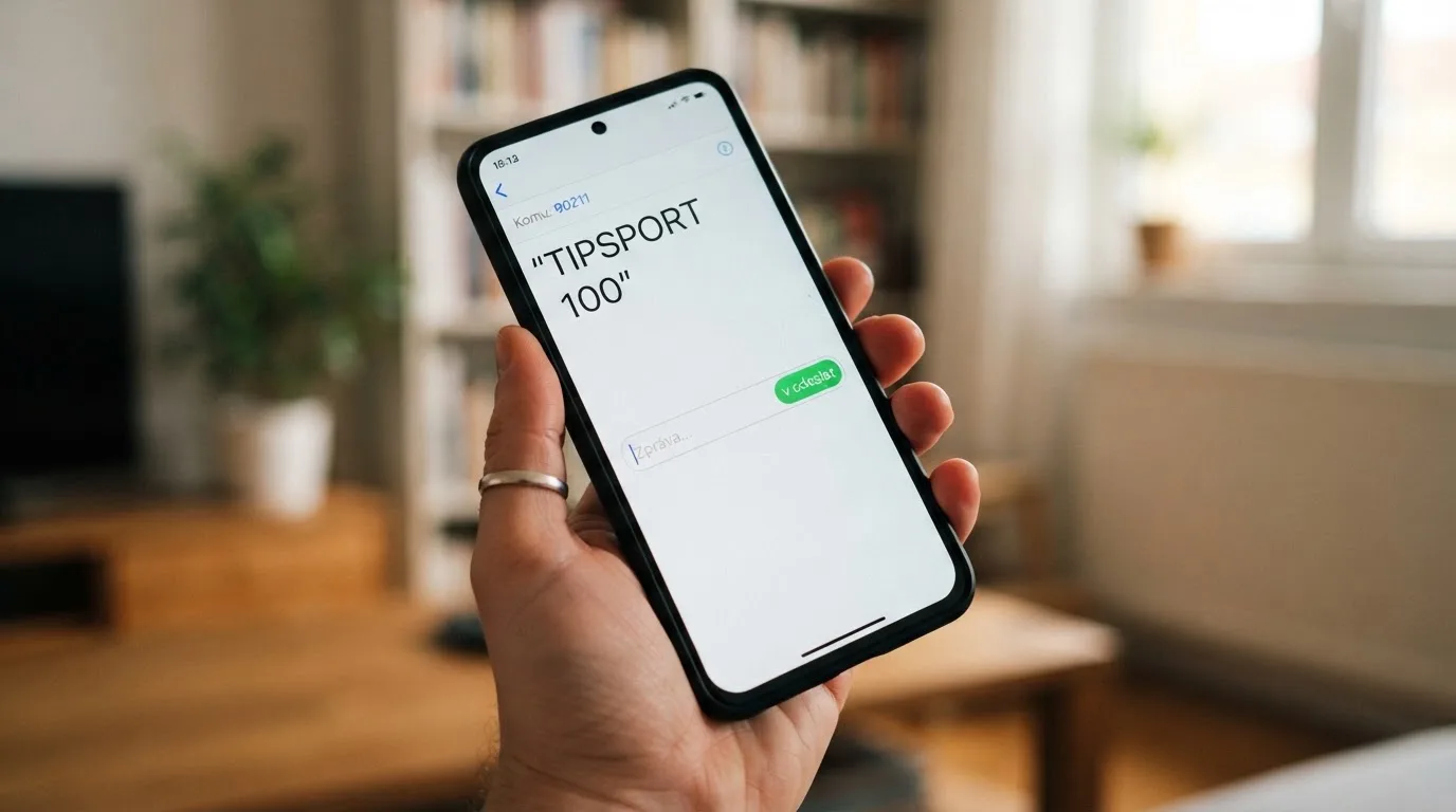Rozhraní mobilního telefonu zobrazující odchozí SMS zprávu ve formátu CASINO ČÁSTKA na číslo 90211