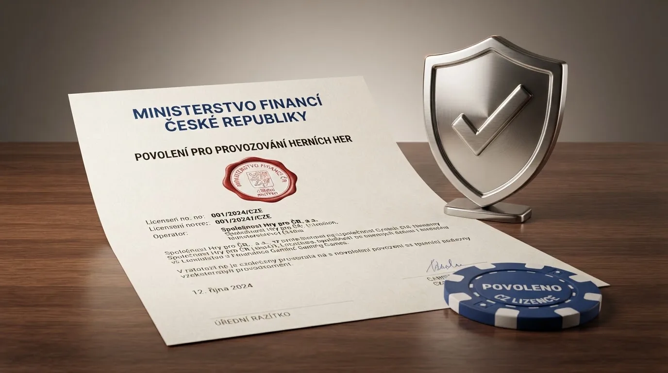 Úřední dokument s razítkem Ministerstva financí ČR vedle symbolického štítu s nápisem „licencované casino“ a částkou 500 Kč znázorňující maximální sázku.