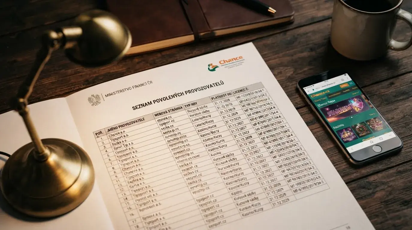 Úřední výpis ze Seznamu provozovatelů hazardních her MF ČR položený na stole, vedle něj logo Ministerstva financí a mobil s otevřenou stránkou licencovaného casina s viditelnou .cz doménou
