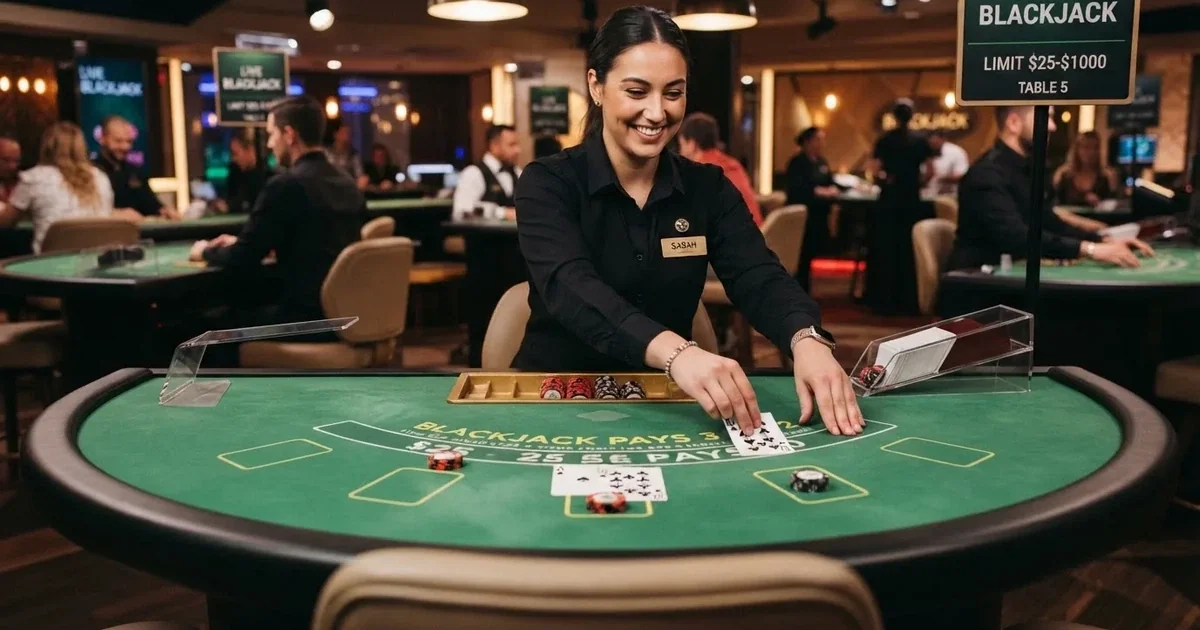Živý krupiér u blackjackového stolu v kasinovém studiu, na stole karty a sázecí pole, v pozadí studio s osvětlením