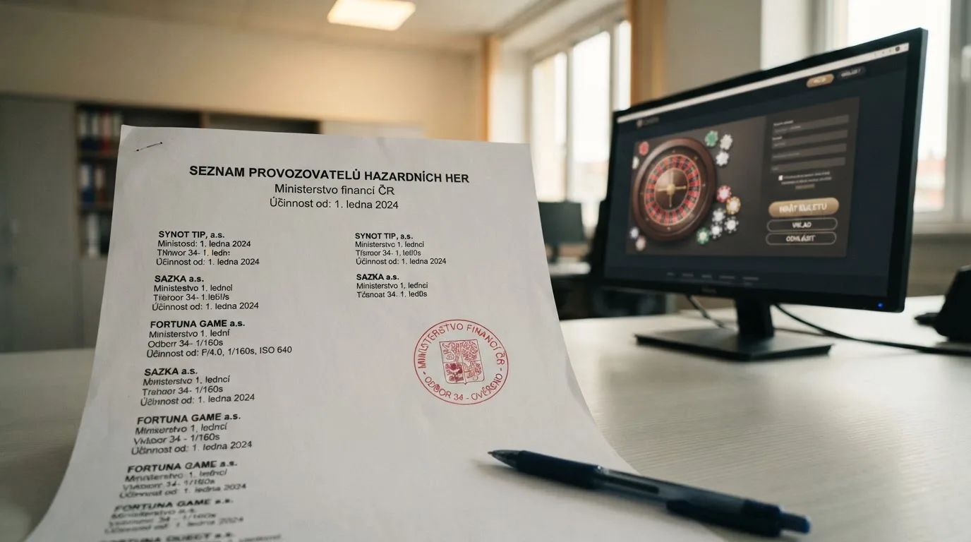 Úřední dokument s razítkem Ministerstva financí ČR a nápisem „Seznam provozovatelů hazardních her“ ležící vedle monitoru, na kterém svítí logo licencovaného českého casina