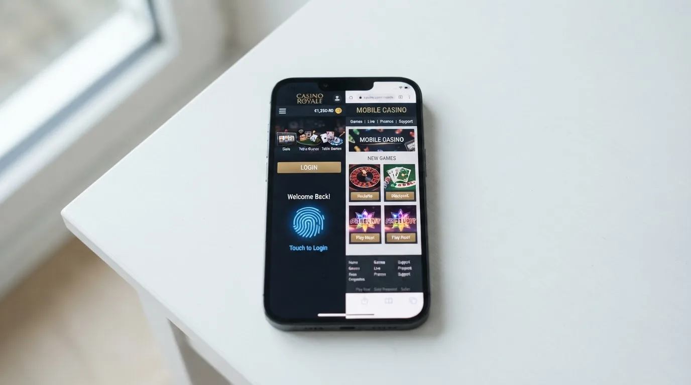 Displej mobilního telefonu zobrazující vedle sebe nativní aplikaci kasina s biometrickým přihlášením a responzivní mobilní web v prohlížeči