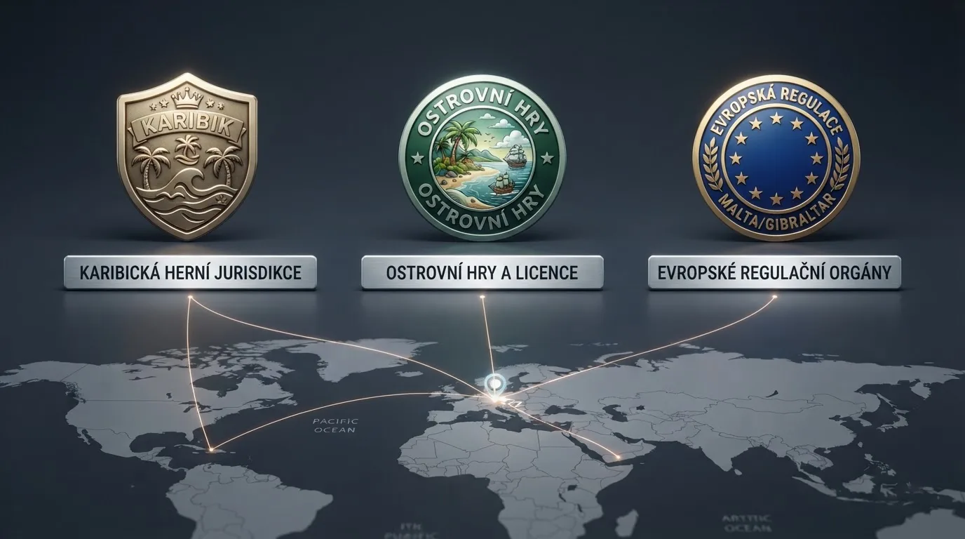 Znaky tří licenčních jurisdikcí (Curaçao, Anjouan, MGA) a mapa jejich vztahu k České republice
