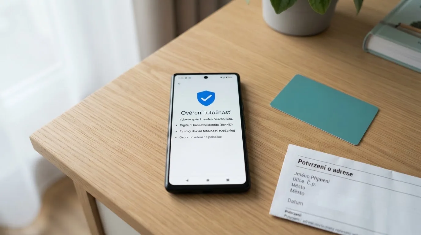 Úřední dokumenty, občanský průkaz a mobilní telefon s rozhraním bankovní identity na stole