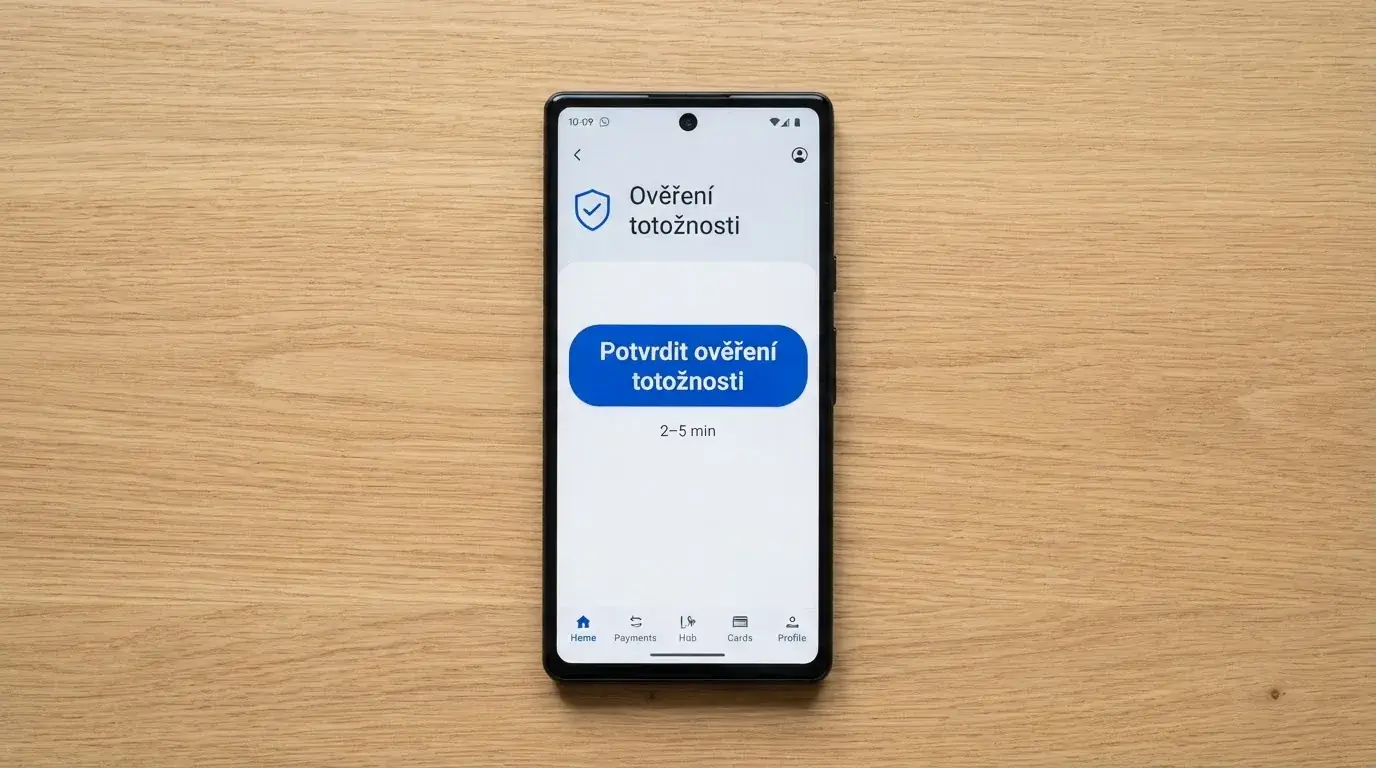 Obrazovka mobilního telefonu s rozhraním internetového bankovnictví a tlačítkem „Potvrdit ověření totožnosti“ — vedle logo Bank iD a časový údaj „2–5 min“