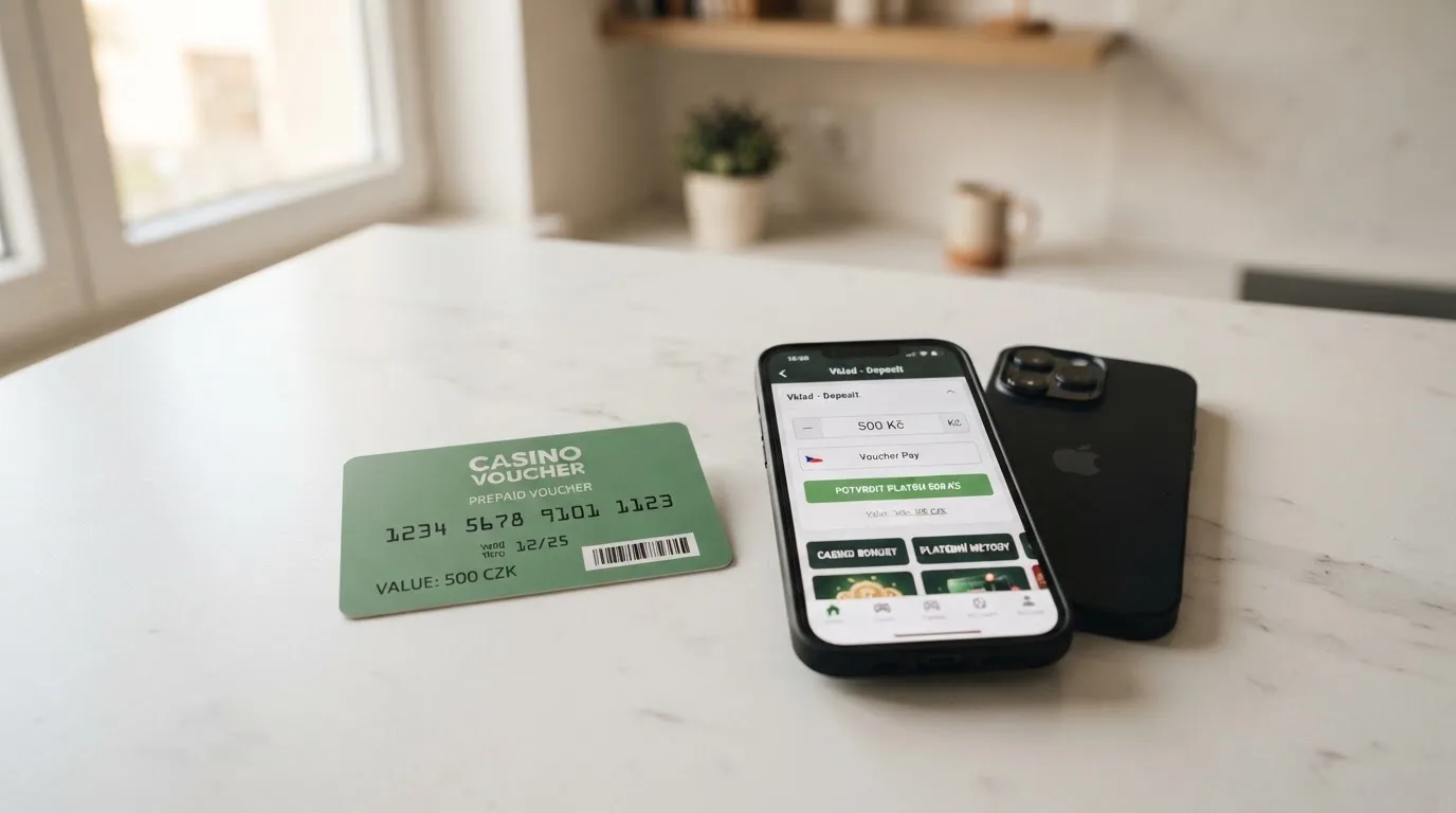 Paysafecard voucher v hodnotě 200 Kč položený vedle chytrého telefonu s otevřenou stránkou online casina