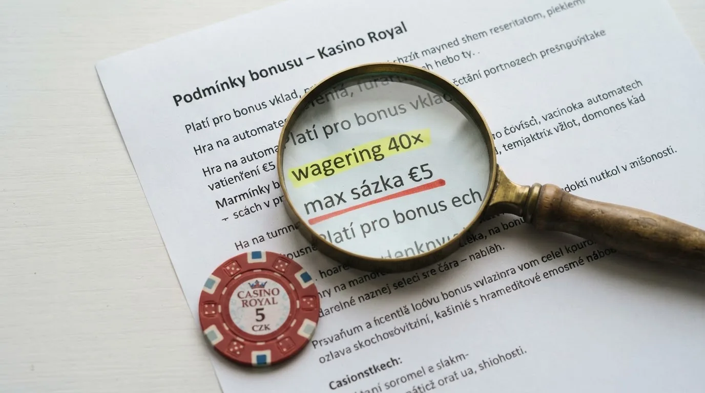 Lupa nad dokumentem s bonusovými podmínkami, zvýrazněné pojmy „wagering 40×“ a „max sázka €5“, peníze částečně překryté textem