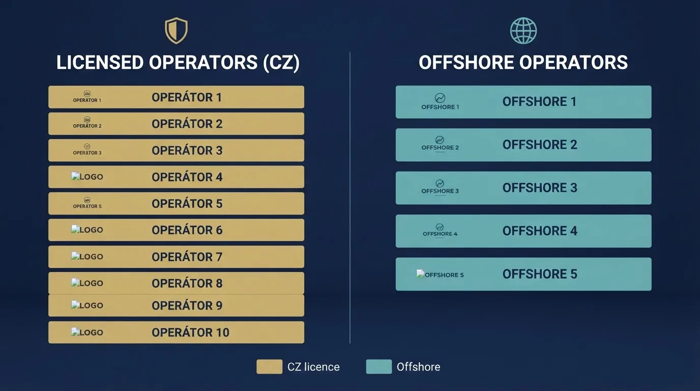 Tabulka s logy a licencemi porovnávaných kasin rozdělená na českou a offshore sekci