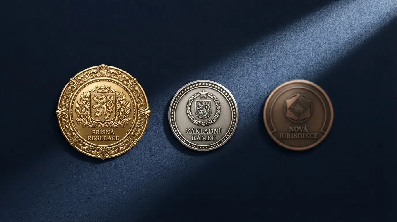 Tři herní licence vedle sebe — MGA, Curaçao eGaming a Anjouan — s vizuálním důrazem na pečeť MGA jako nejpřísnější