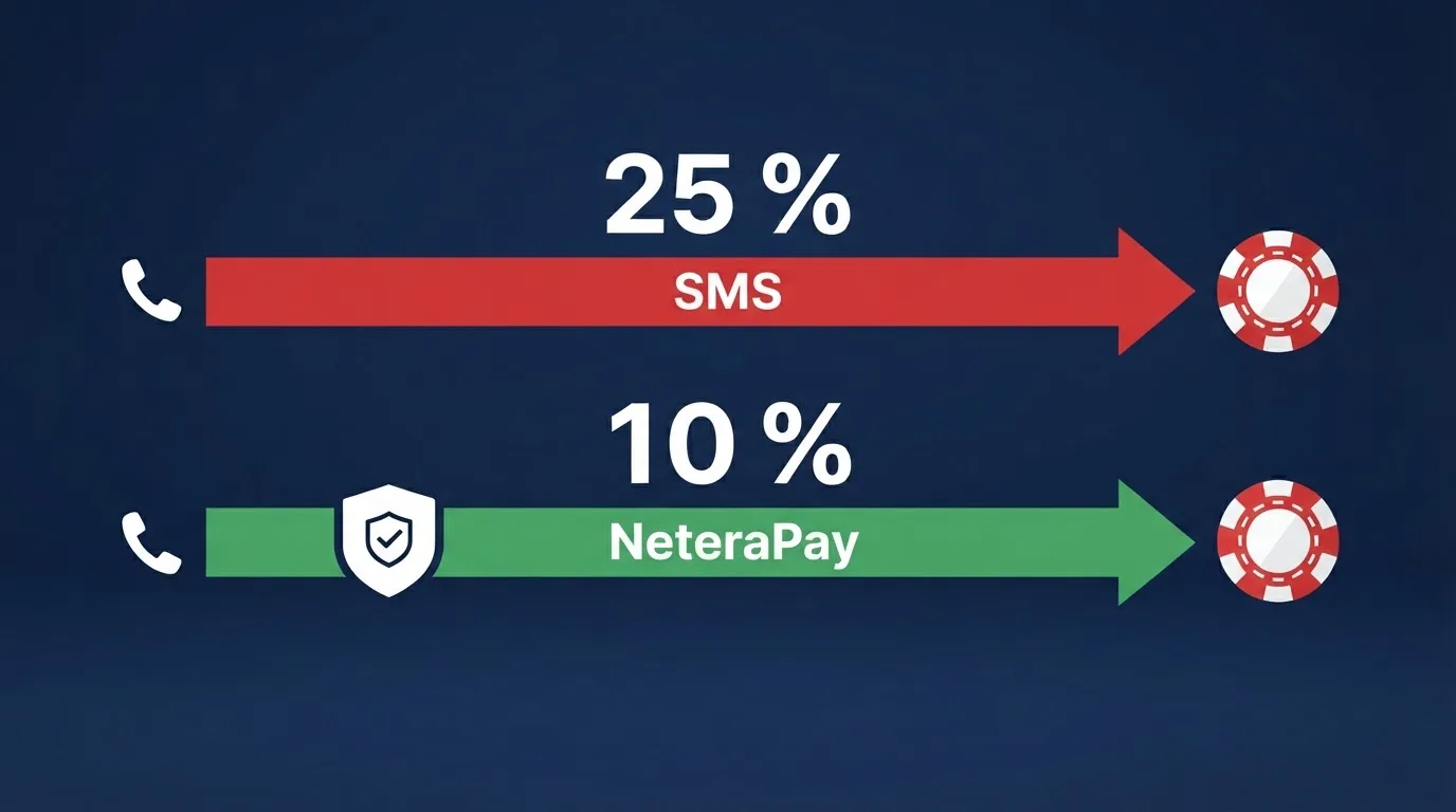 Infografické srovnání dvou cest — přímý SMS vklad s poplatkem 25 % a nepřímý přes NeteraPay s poplatkem ~10 %