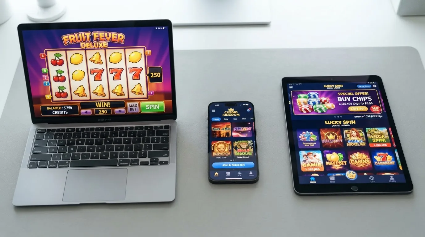 Tři panely vedle sebe: vlevo demo automat v okně prohlížeče, uprostřed casino aplikace na displeji telefonu, vpravo social casino s nabídkou nákupu žetonů za reálné peníze